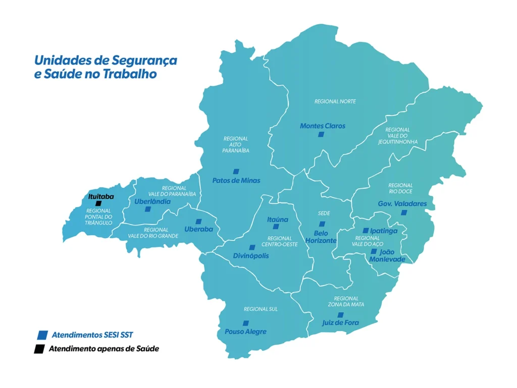 mapa de minas gerais com a sinalização das unidades de SST do SESI de acordo com cada região do estado